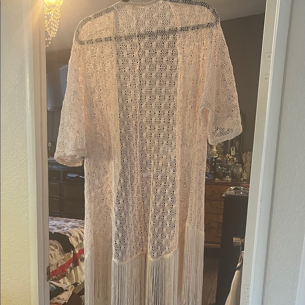 Liberty Love Blush Pink Crochet Fringe Kimono Cardigan